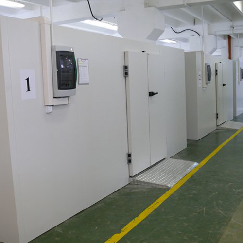 Cold Rooms lined up in a row with control panels