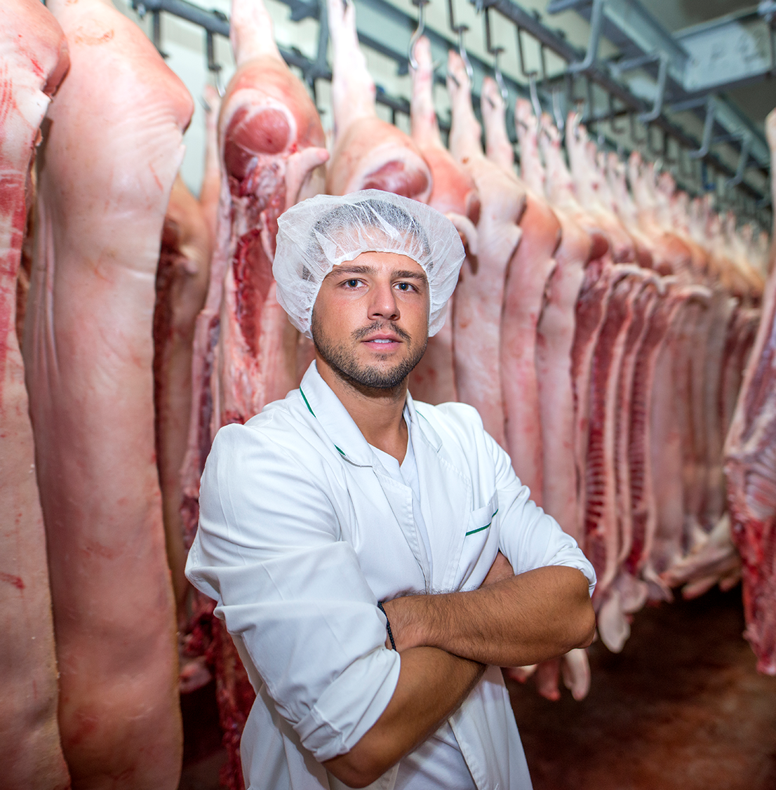 Butcher showcasing animal products in a controlled enviroment